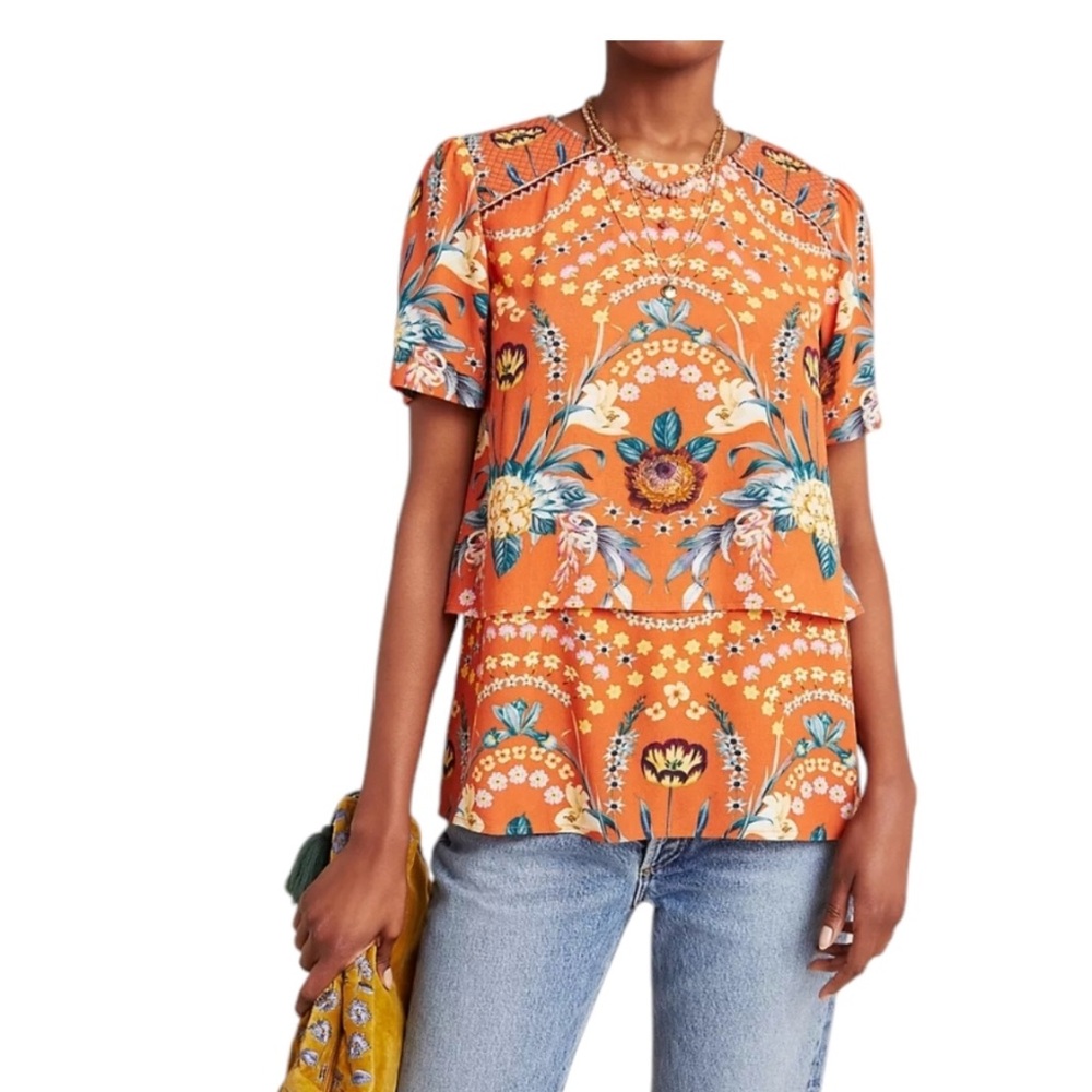 Anthropologie VINEET BAHL short sleeve shirt tiered ruffle size Small